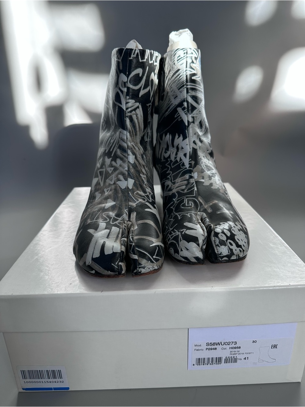 Maison Martin Margiela Black and White Graffiti Tabi Ankle Boots